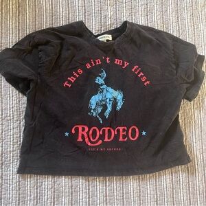 Black Graphic Rodeo Crop Tee with Blue Rider Print